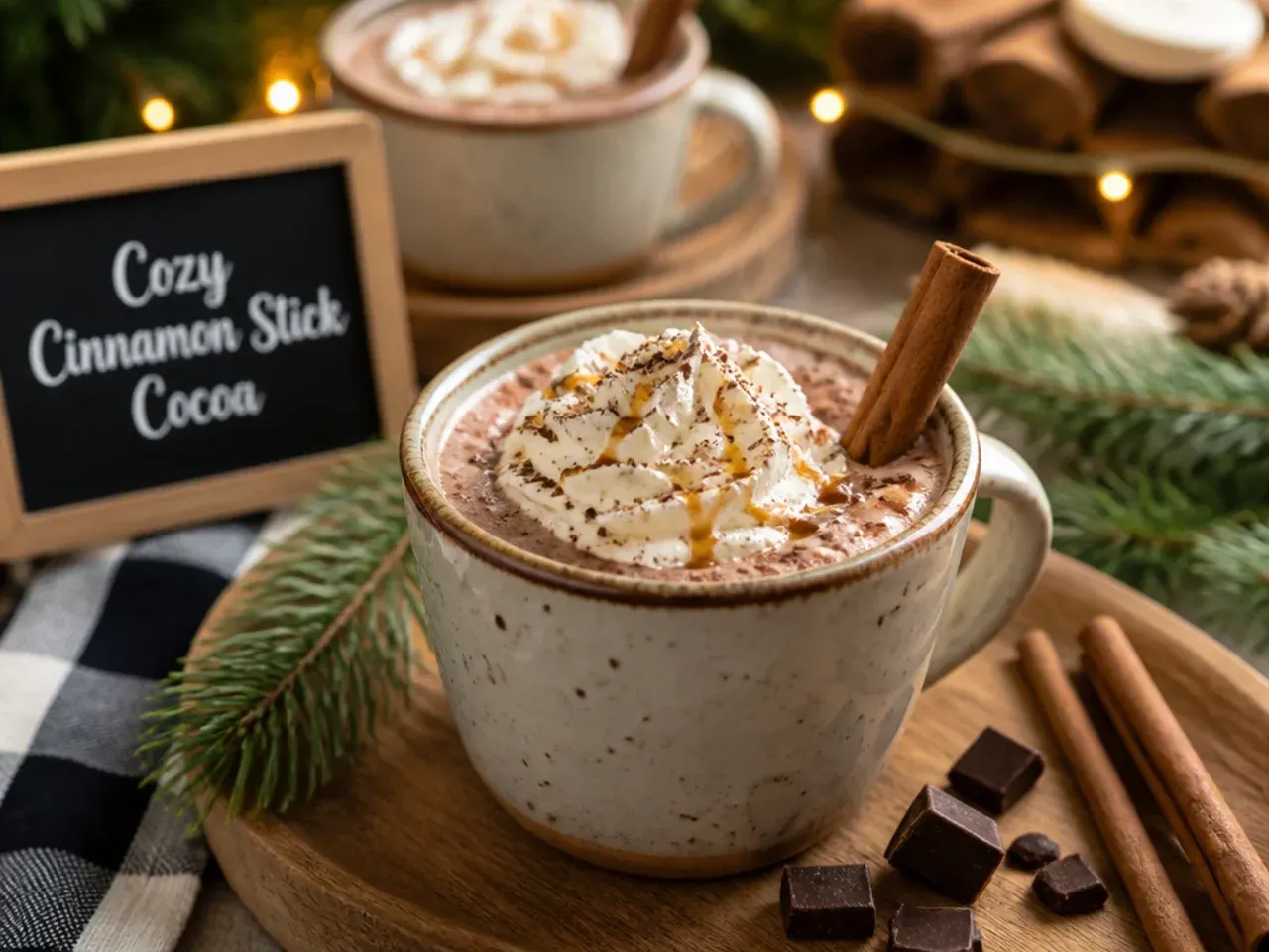 Hot cocoa with a cinnamon stick garnish on a cosy table setting