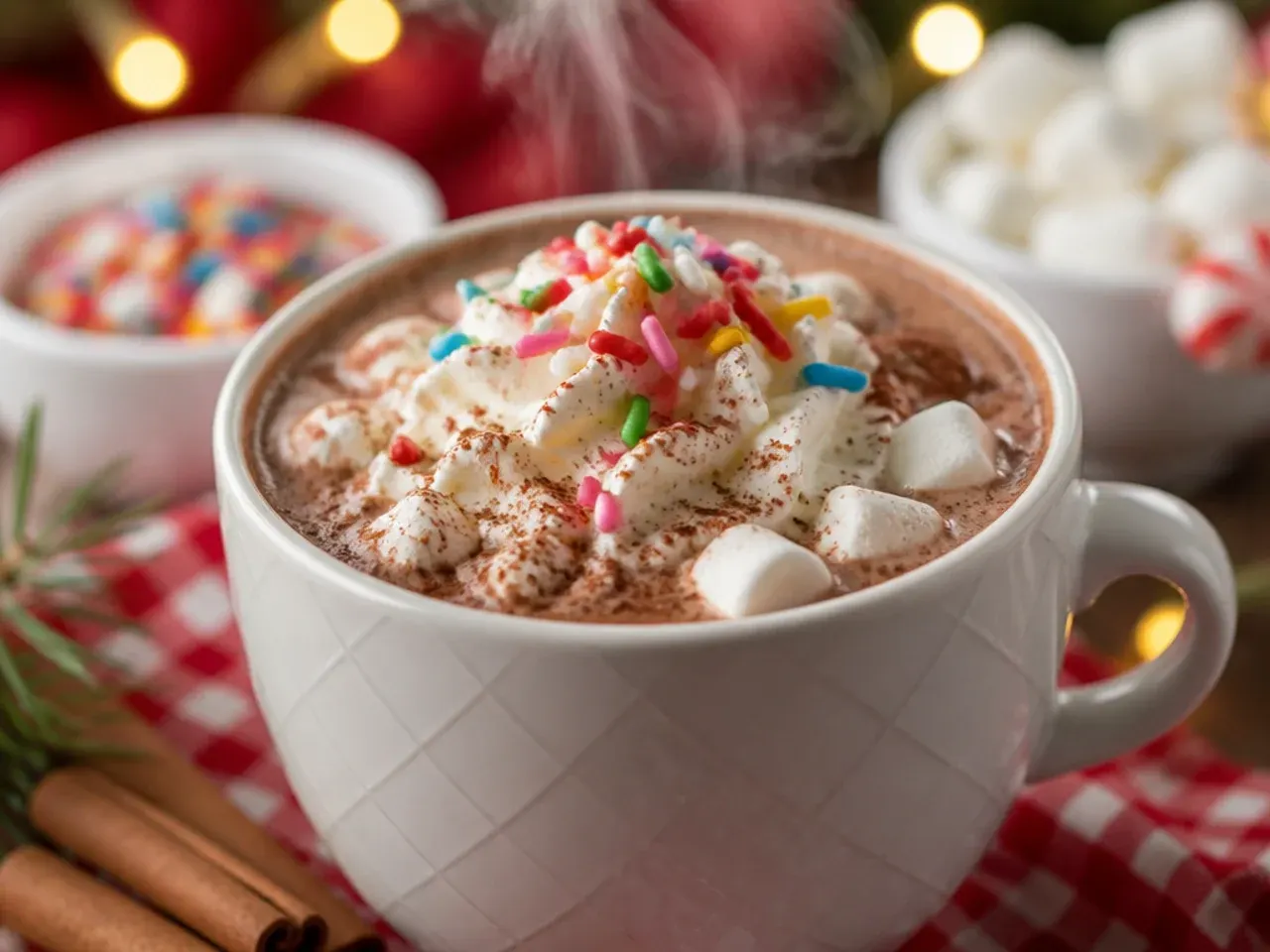 Kids decorating their own hot cocoa mugs with sprinkles and marshmallows