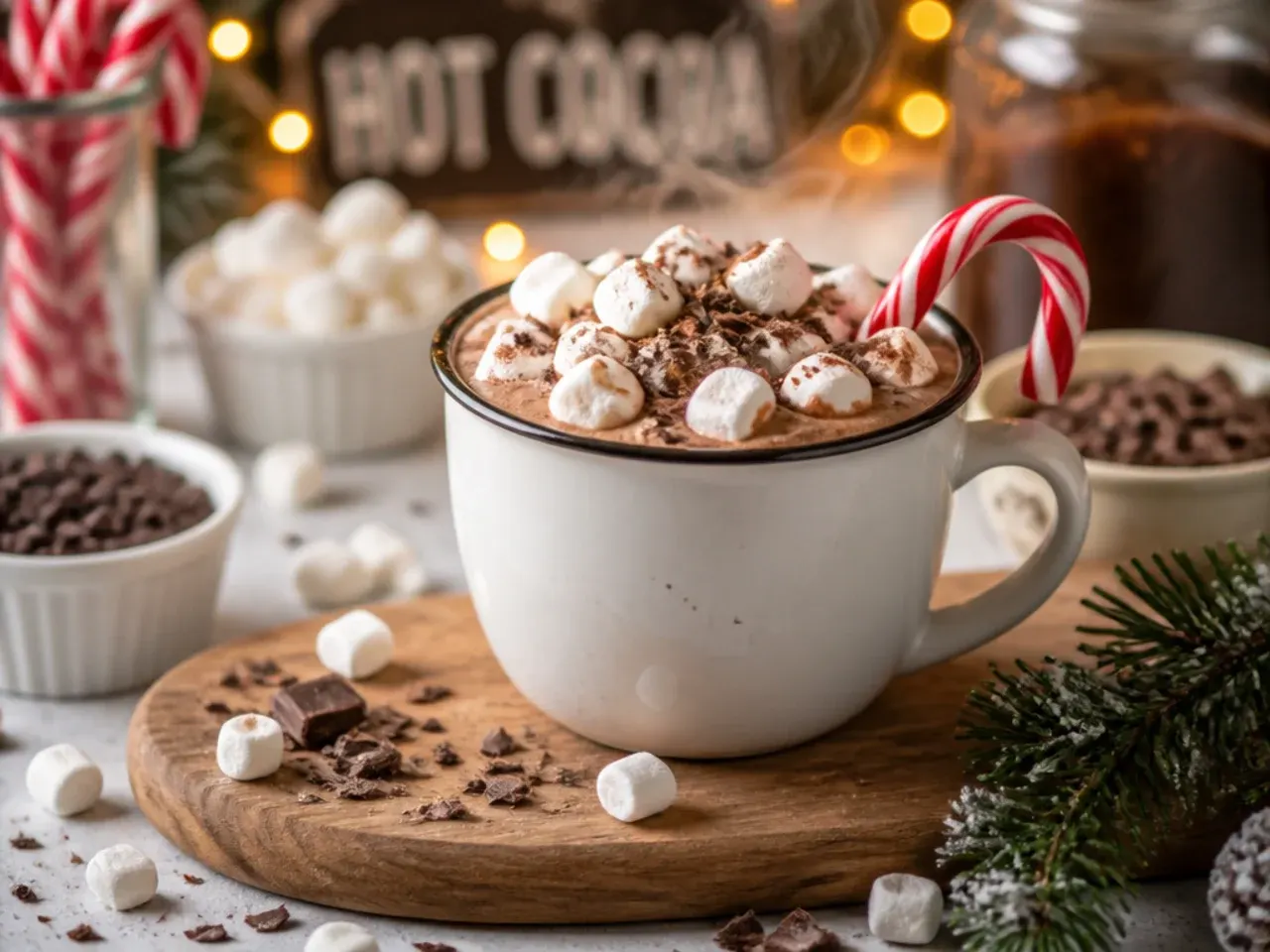 A hot cocoa bar spread with toppings in small bowls and labelled cards
