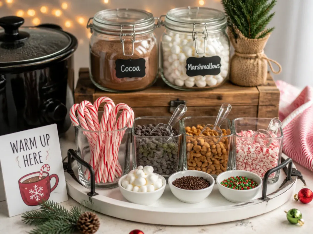 A slow cooker of hot cocoa being kept warm for a party