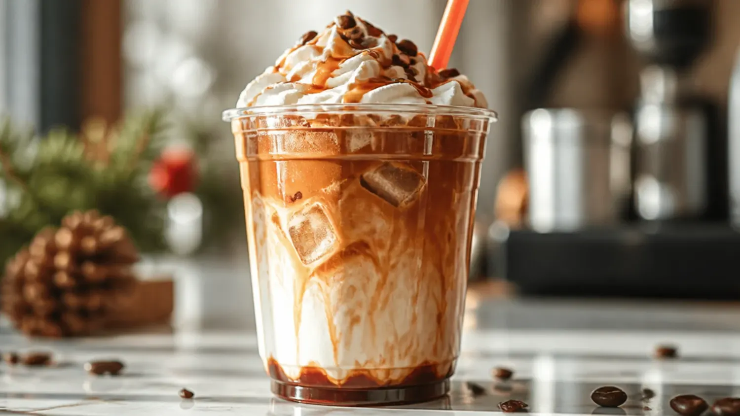A festive lineup of copycat Dunkin Christmas drinks in glass mugs and cups, topped with whipped cream, chocolate drizzle and crushed candy cane, surrounded by cinnamon sticks and pine sprigs