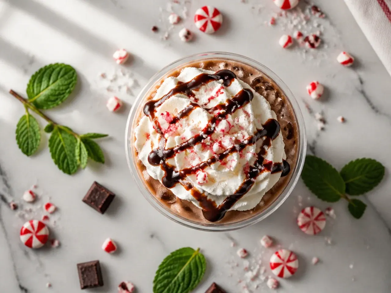 Tall glass of iced peppermint mocha with whipped cream, chocolate drizzle and crushed candy cane on top, set against a red holiday background