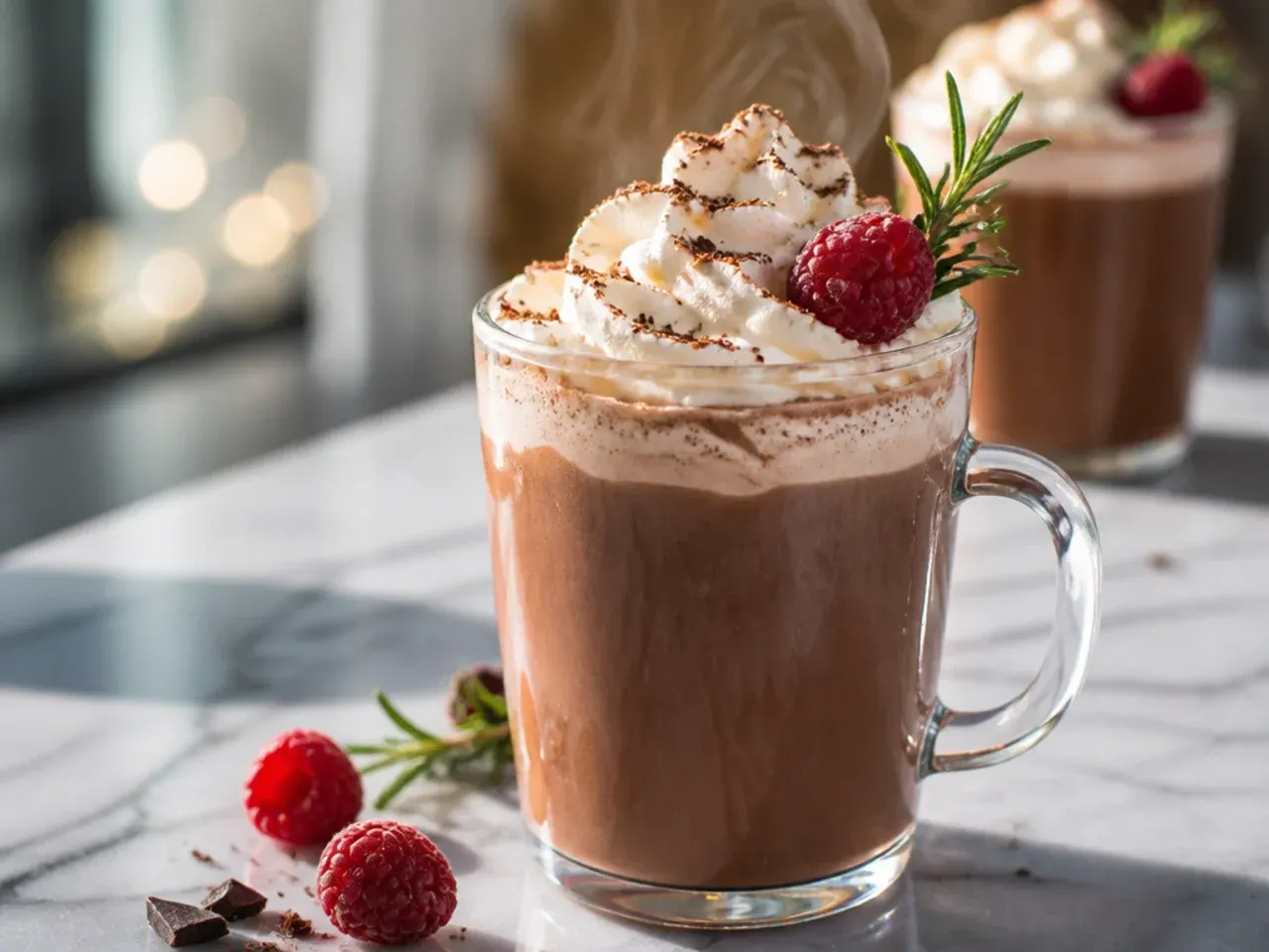 Mug of classic hot chocolate topped with whipped cream and a dusting of cocoa powder, with a cinnamon stick resting on the saucer