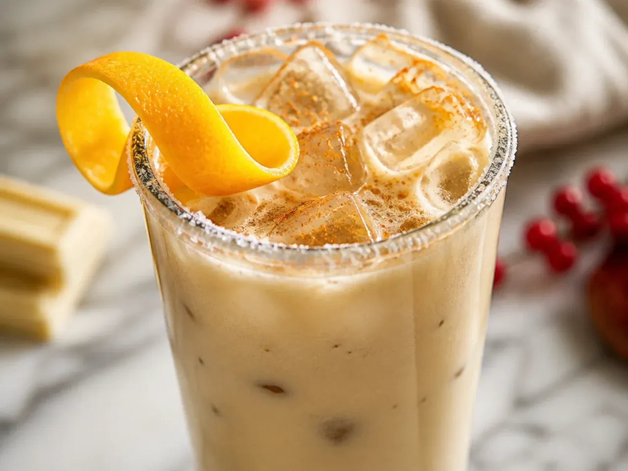 Hot toasted white chocolate latte in a clear glass mug, topped with whipped cream, caramel drizzle and a sprinkle of cinnamon sugar