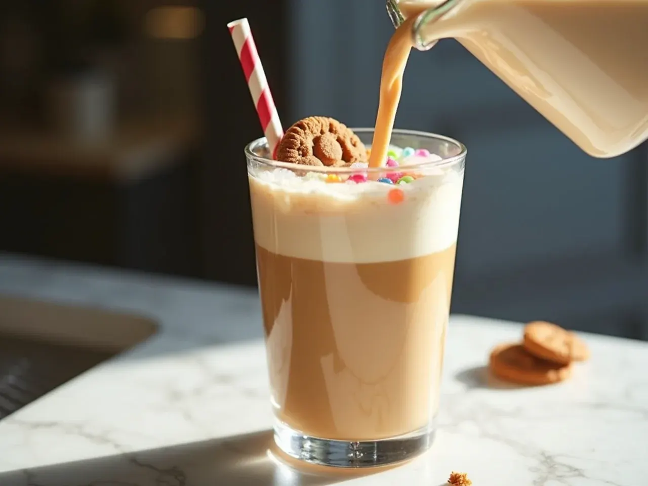 Iced cookie butter cloud latte with thick cream foam floating on top and crushed cookie crumbles scattered over the surface