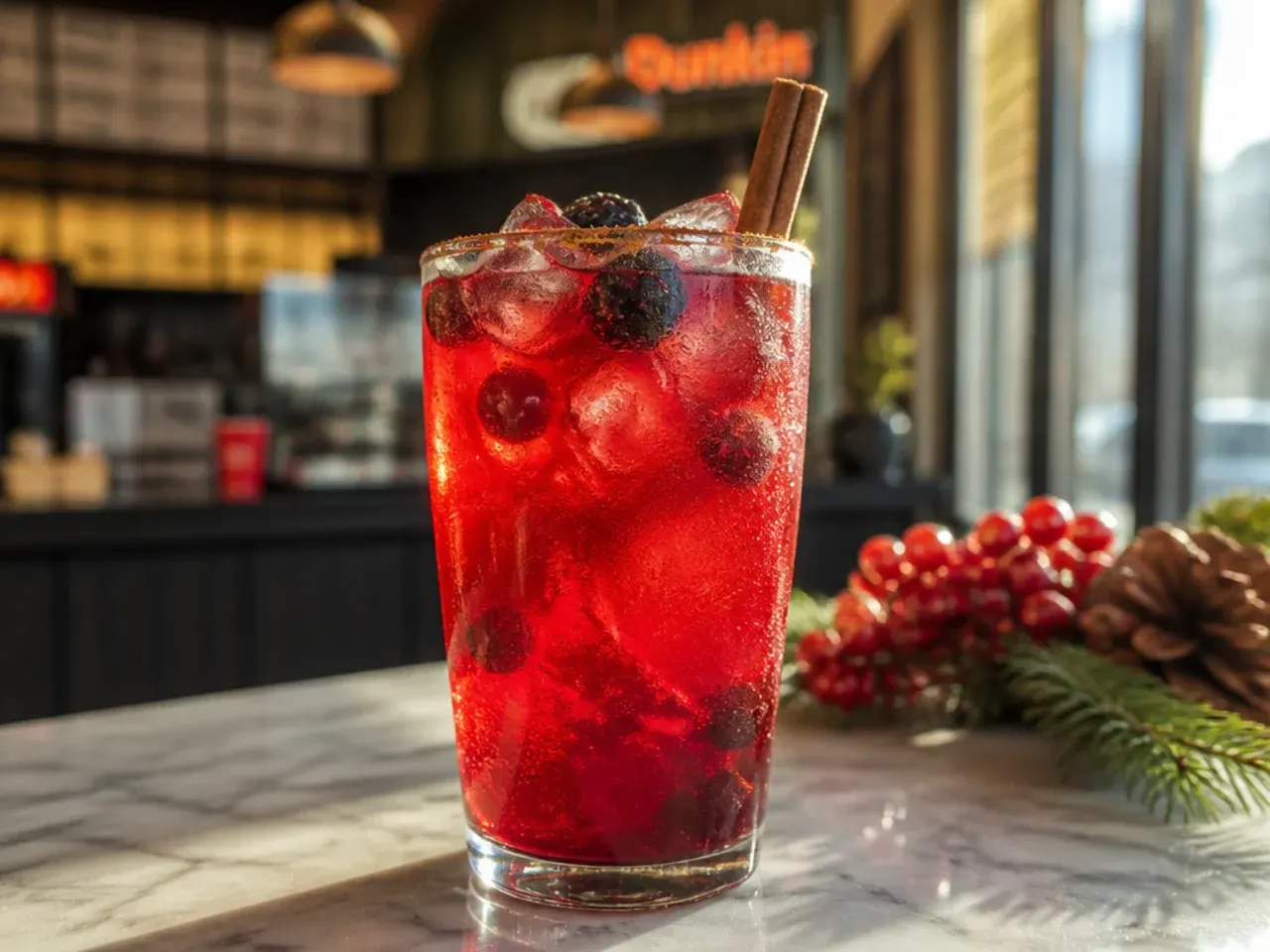 Sparkling berry sangria refresher in a tall glass filled with ice, fresh berries and a sprig of rosemary
