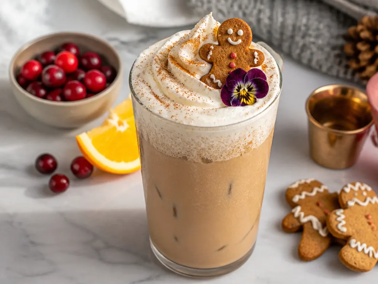 Hot gingerbread latte in a mug with whipped cream and a crumbled gingerbread biscuit garnish on top