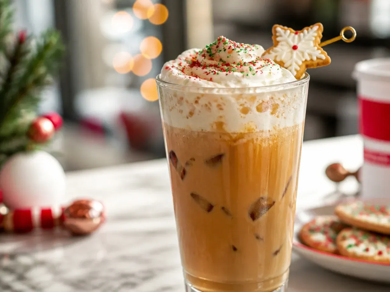 Sugar cookie latte topped with whipped cream and colourful holiday sprinkles in a glass mug