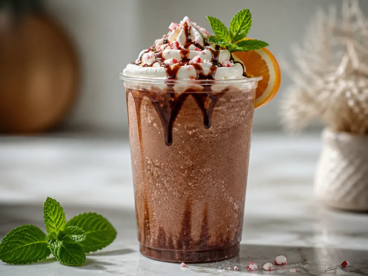 Frozen peppermint mocha frappe in a tall glass with whipped cream, chocolate drizzle and crushed candy cane, served with a straw