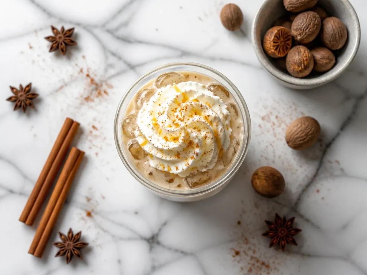Simple eggnog latte in a white mug dusted with nutmeg, sitting on a wooden table with a cinnamon stick beside it