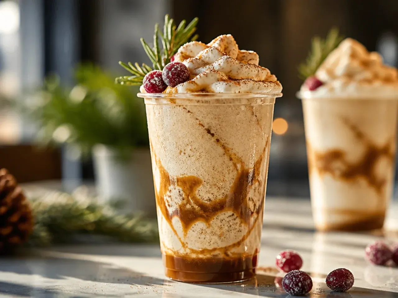 Blended snickerdoodle cold brew in a glass with a frothy top and cinnamon sugar dusting, garnished with a cinnamon stick