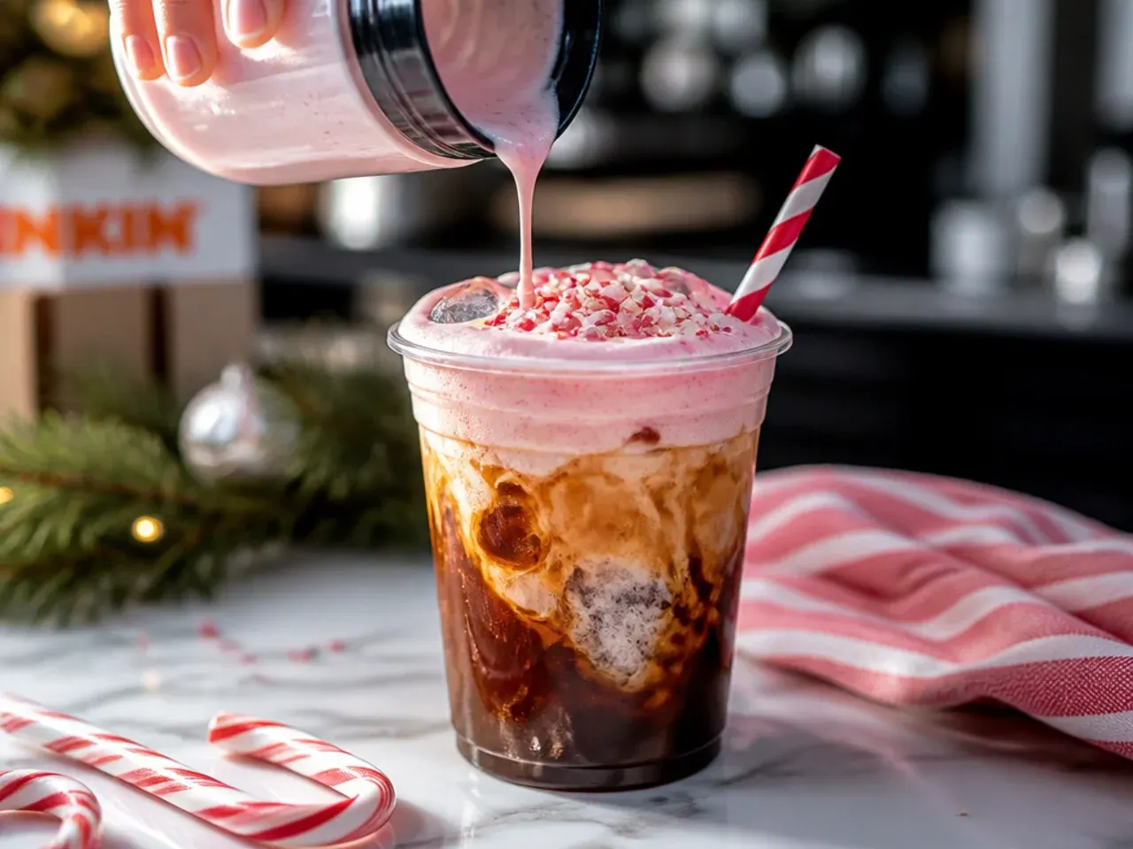 Cold brew coffee topped with a thick layer of peppermint cold foam and crushed candy cane pieces in a clear glass
