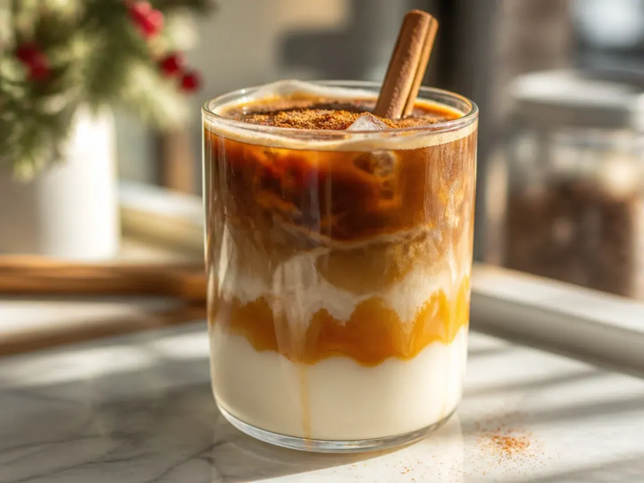 Layered cinnamon caramel latte in a tall glass showing distinct caramel, milk and espresso layers before stirring