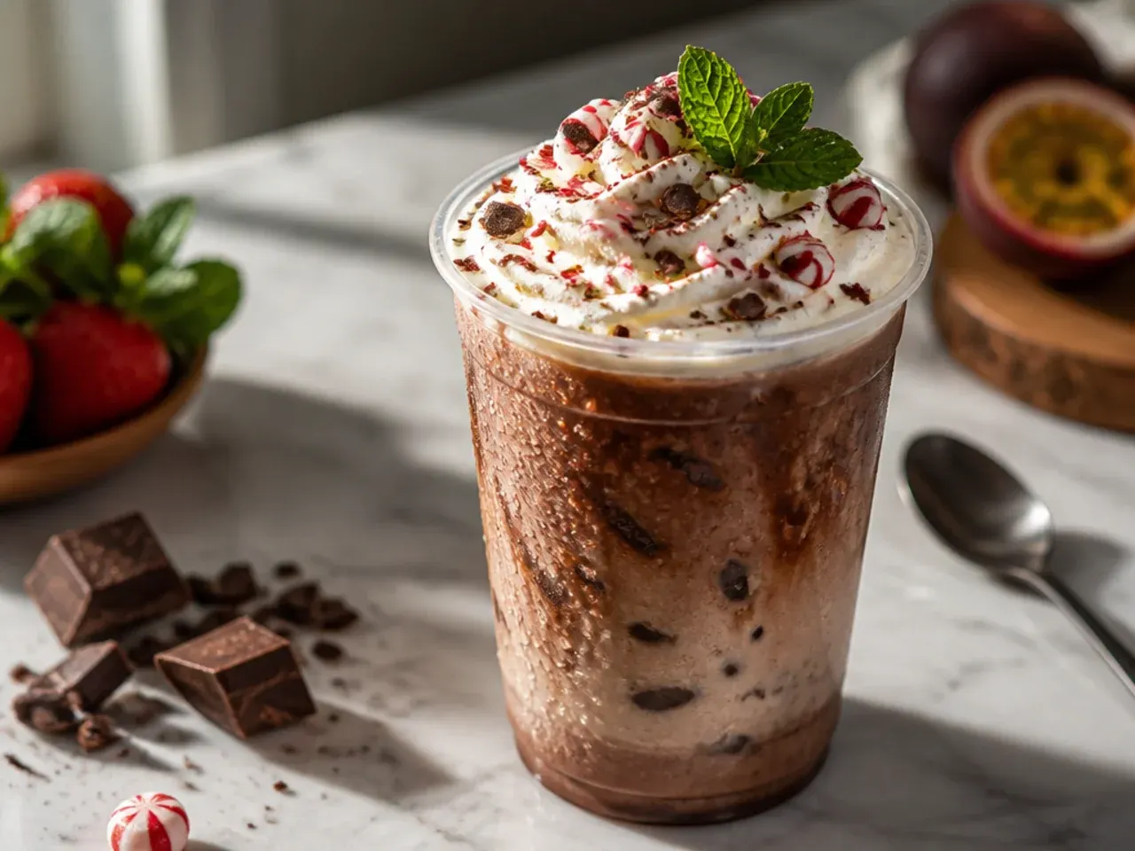Bold double-shot iced peppermint mocha in a glass mug with dark espresso layers visible through the milk