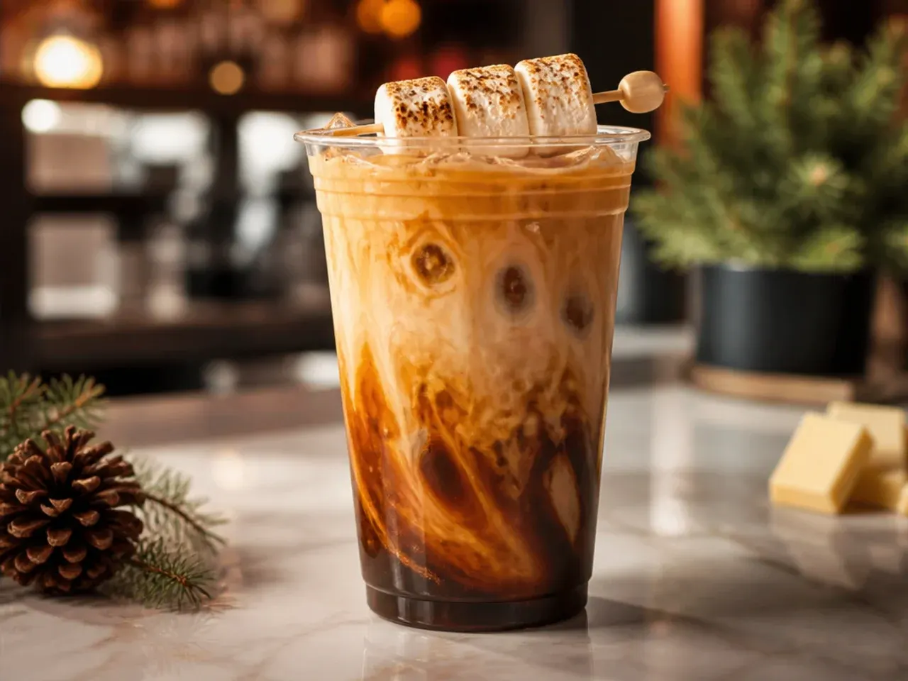 Smooth iced toasted white chocolate cold brew in a glass with caramel drizzle and cinnamon sugar on top