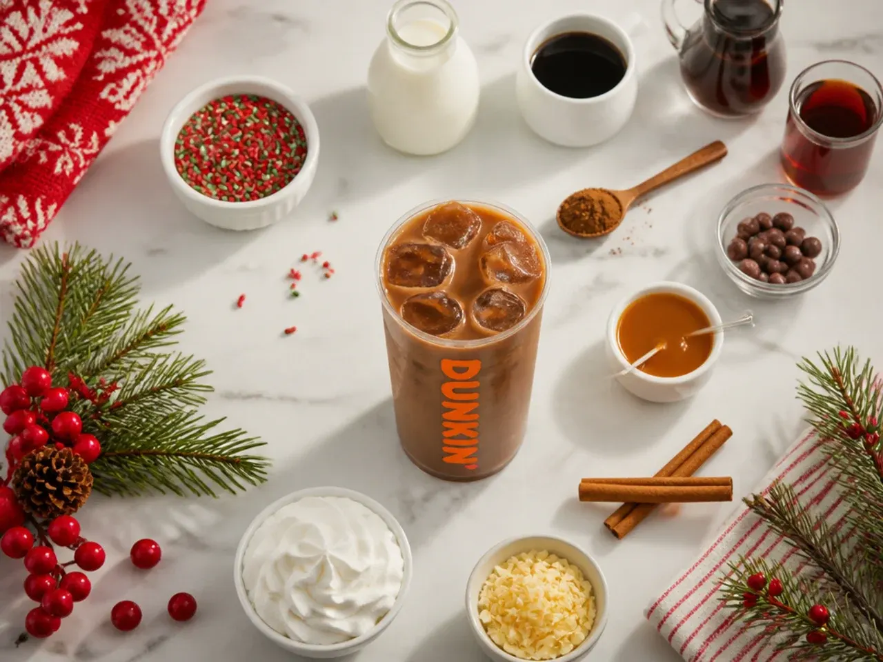 Barista's hands stirring syrup into a shot of espresso in a small glass measuring cup, with milk and syrup bottles in the background