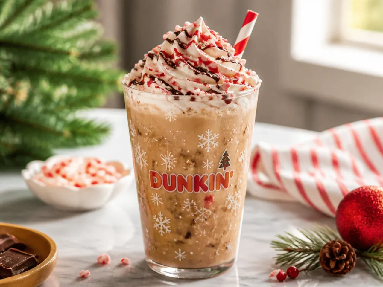 Holiday drink garnish station with bowls of crushed candy cane, cinnamon sugar and chocolate drizzle beside mugs and glasses