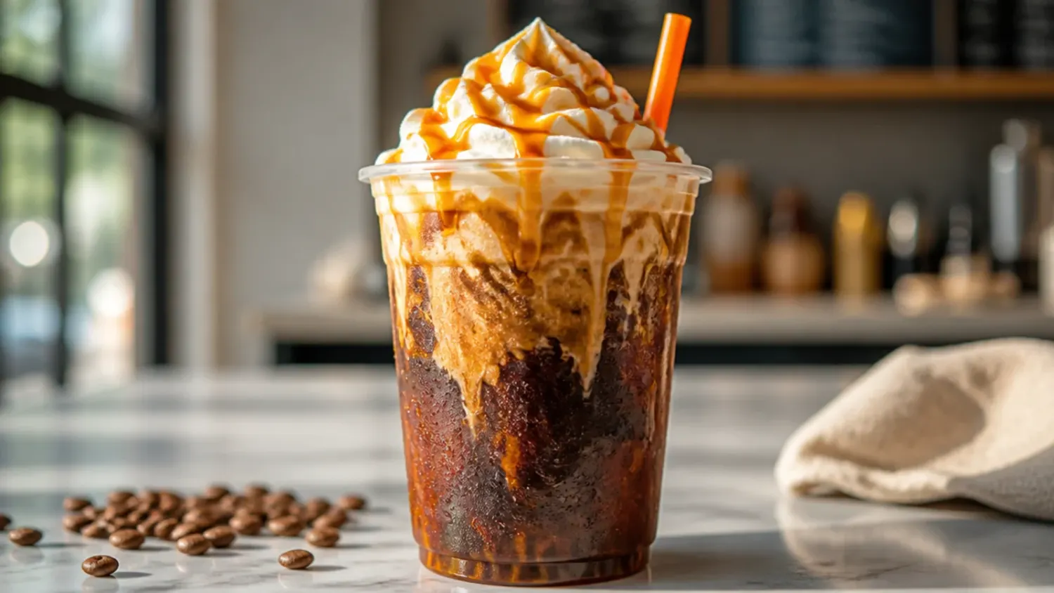 A row of copycat Dunkin coffee drinks in clear glasses, including iced coffee, a frozen coolatta and a swirled latte, garnished with caramel drizzle