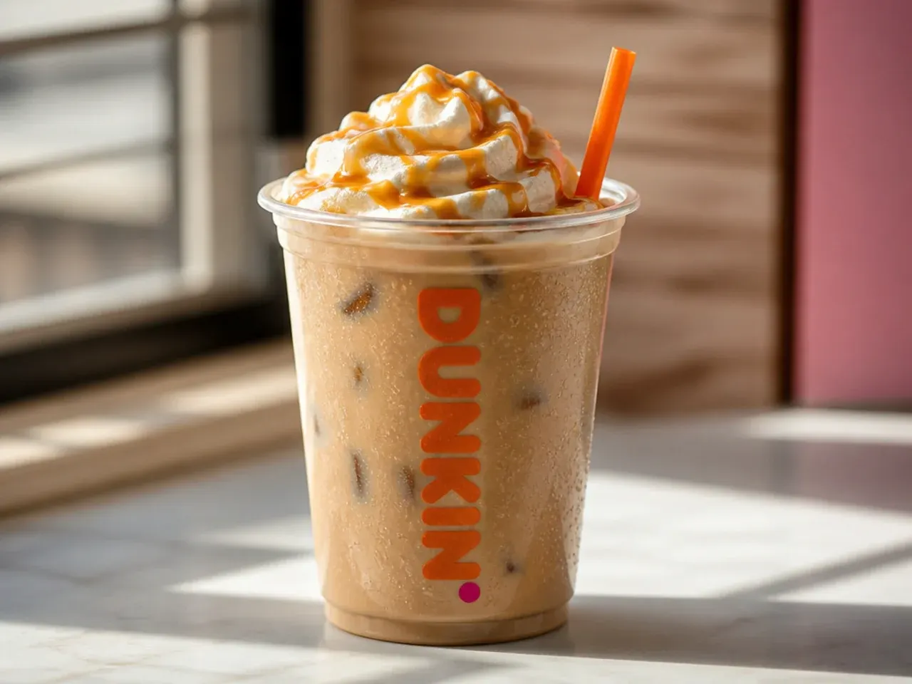 Overhead shot of ingredients for copycat Dunkin coffee drinks including coffee beans, milk, syrups and ice