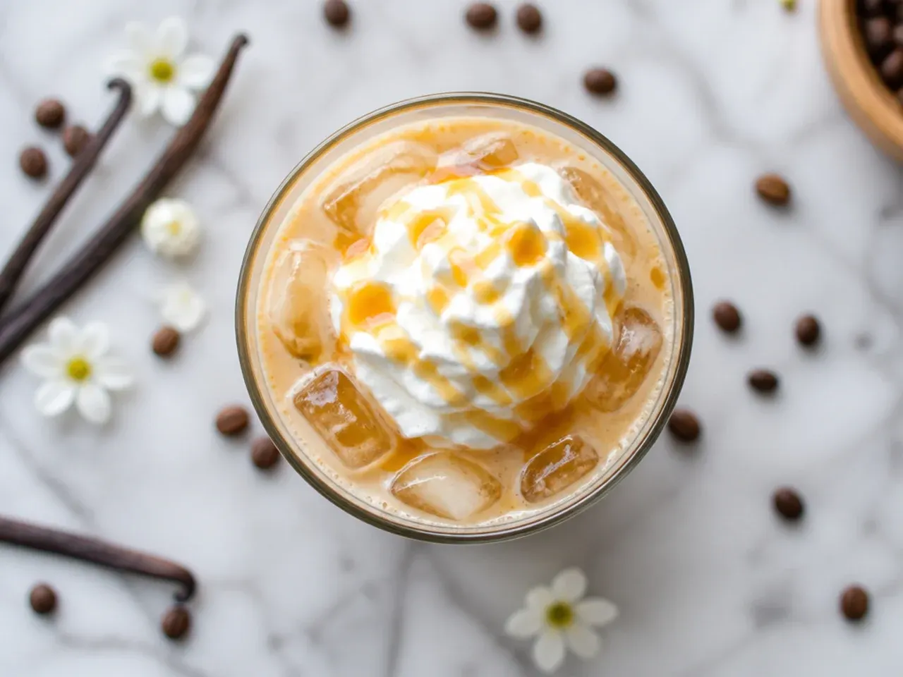 Iced vanilla bean copycat latte in a tall glass with visible vanilla syrup swirl