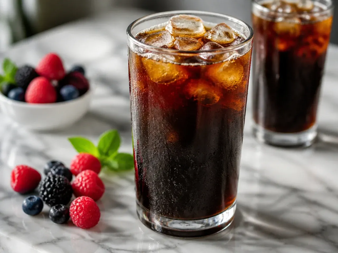 Glass of classic black iced coffee over ice with condensation on the glass