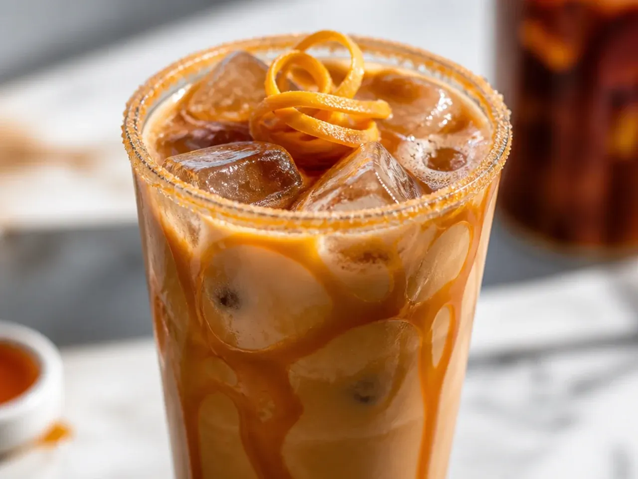Caramel swirl iced coffee with visible caramel ribbons through the glass
