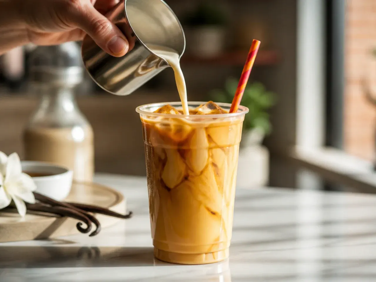 Creamy French vanilla latte with a light froth top in a glass mug