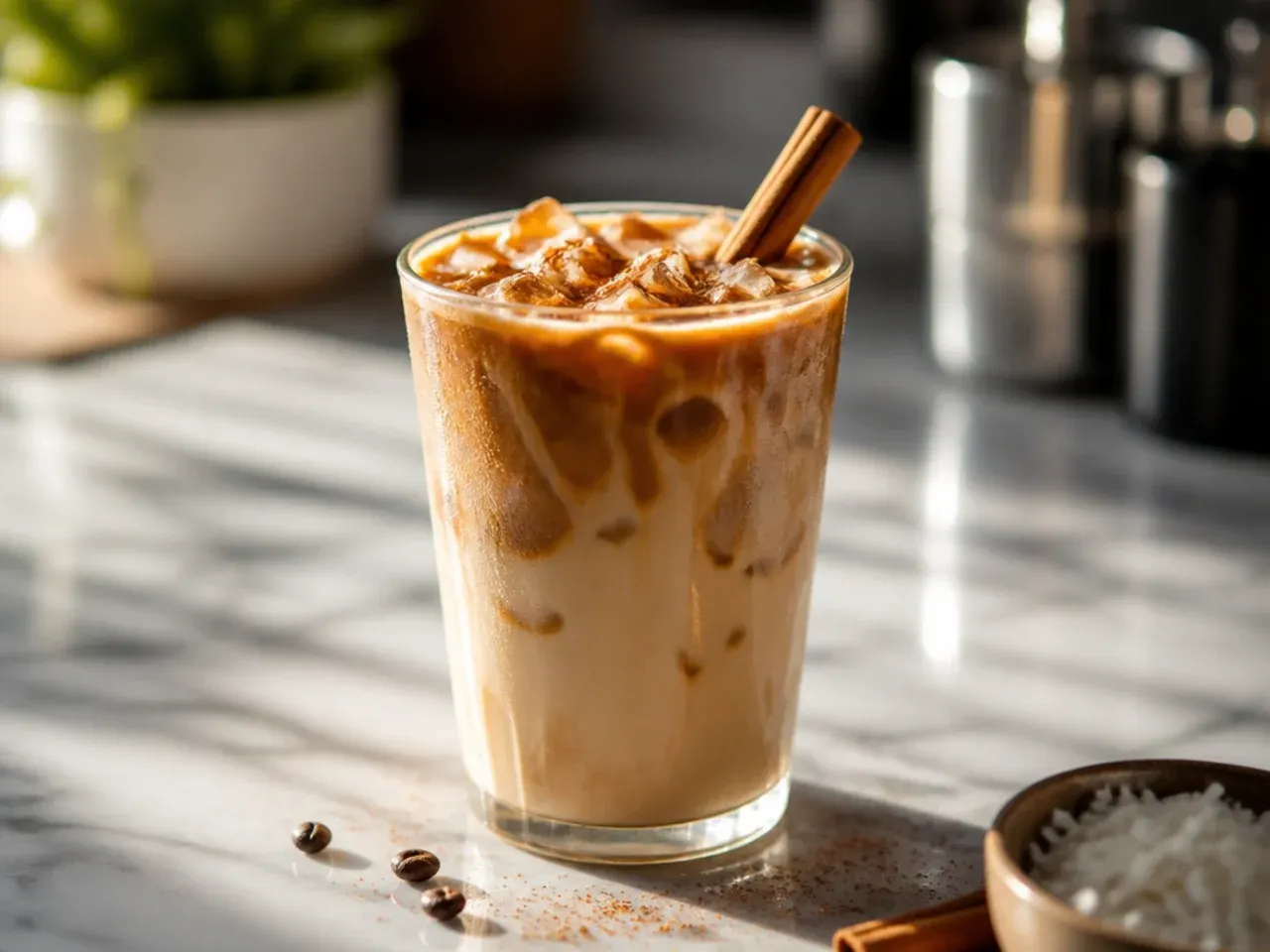 Iced coconut coffee topped with toasted coconut flakes