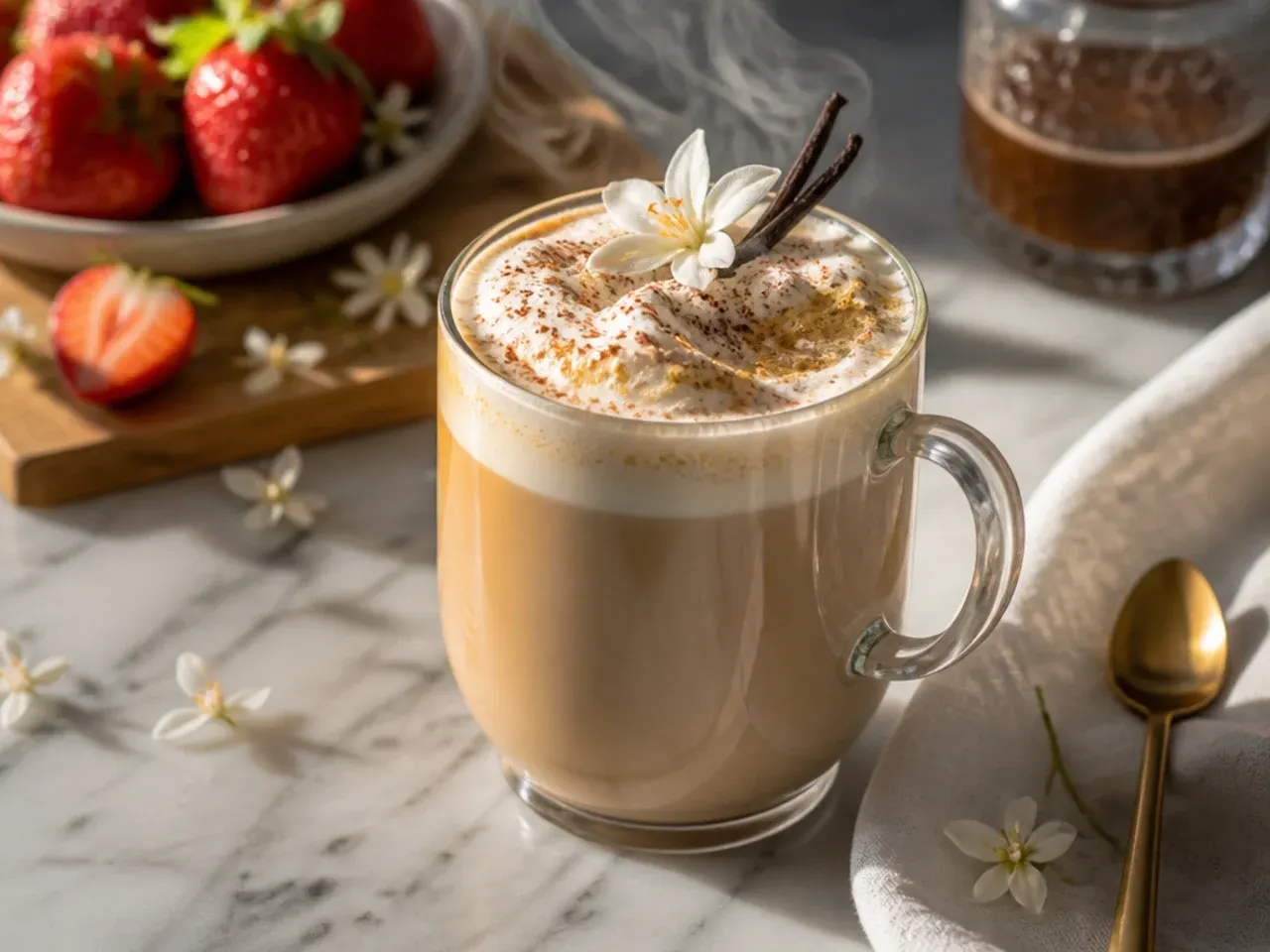 Cozy hot vanilla latte with light foam in a ceramic mug, steam rising