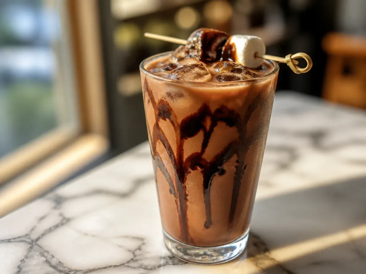 Sweet mocha swirl coffee topped with whipped cream and cocoa dust
