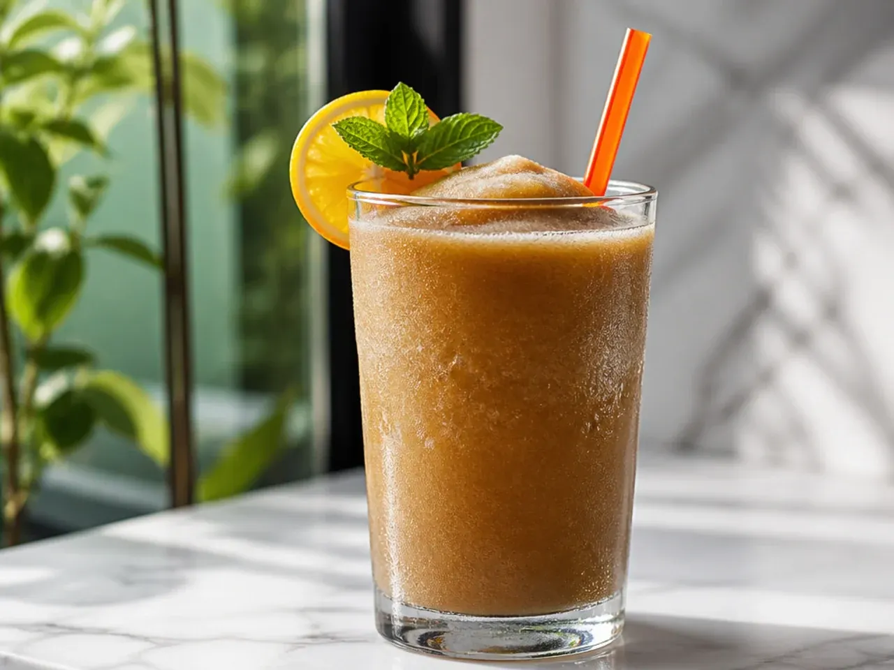 Frozen coffee coolatta blended drink in a plastic cup with a straw