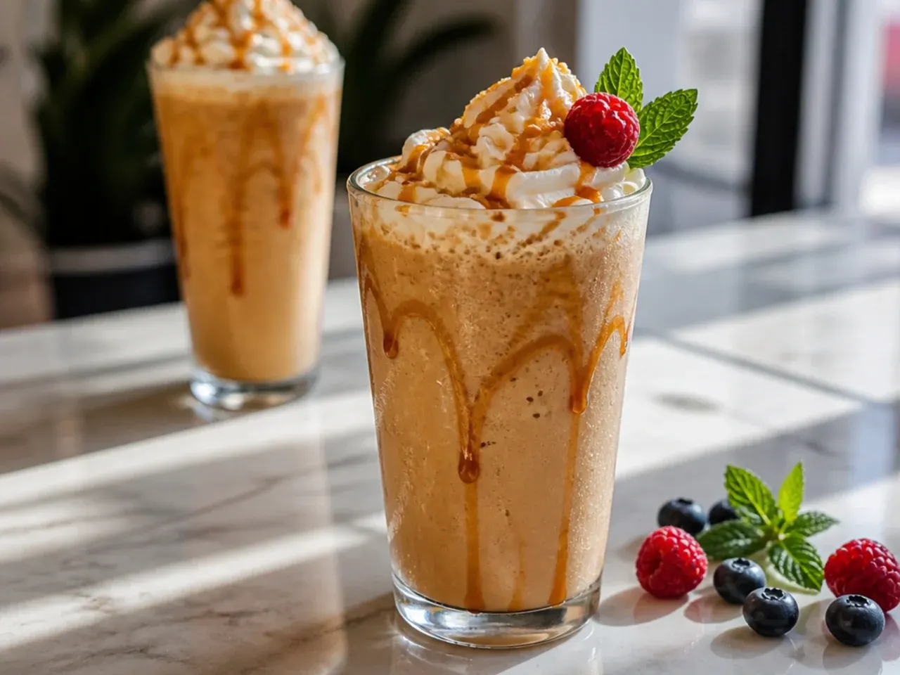 Blended caramel frozen latte with caramel drizzle inside a glass