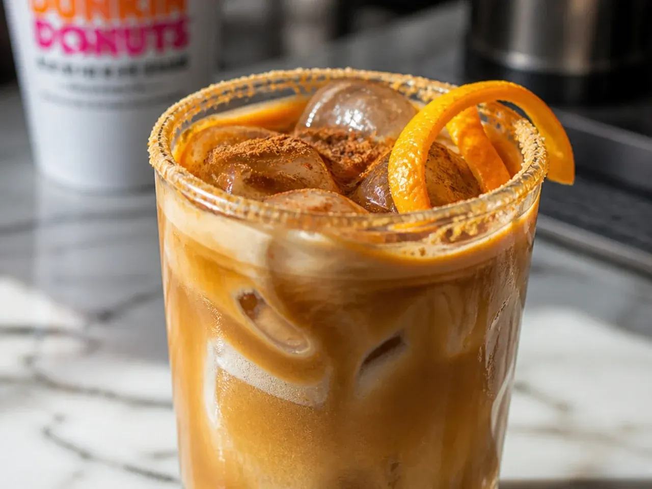 Spiced pumpkin swirl coffee in a mug dusted with pumpkin pie spice