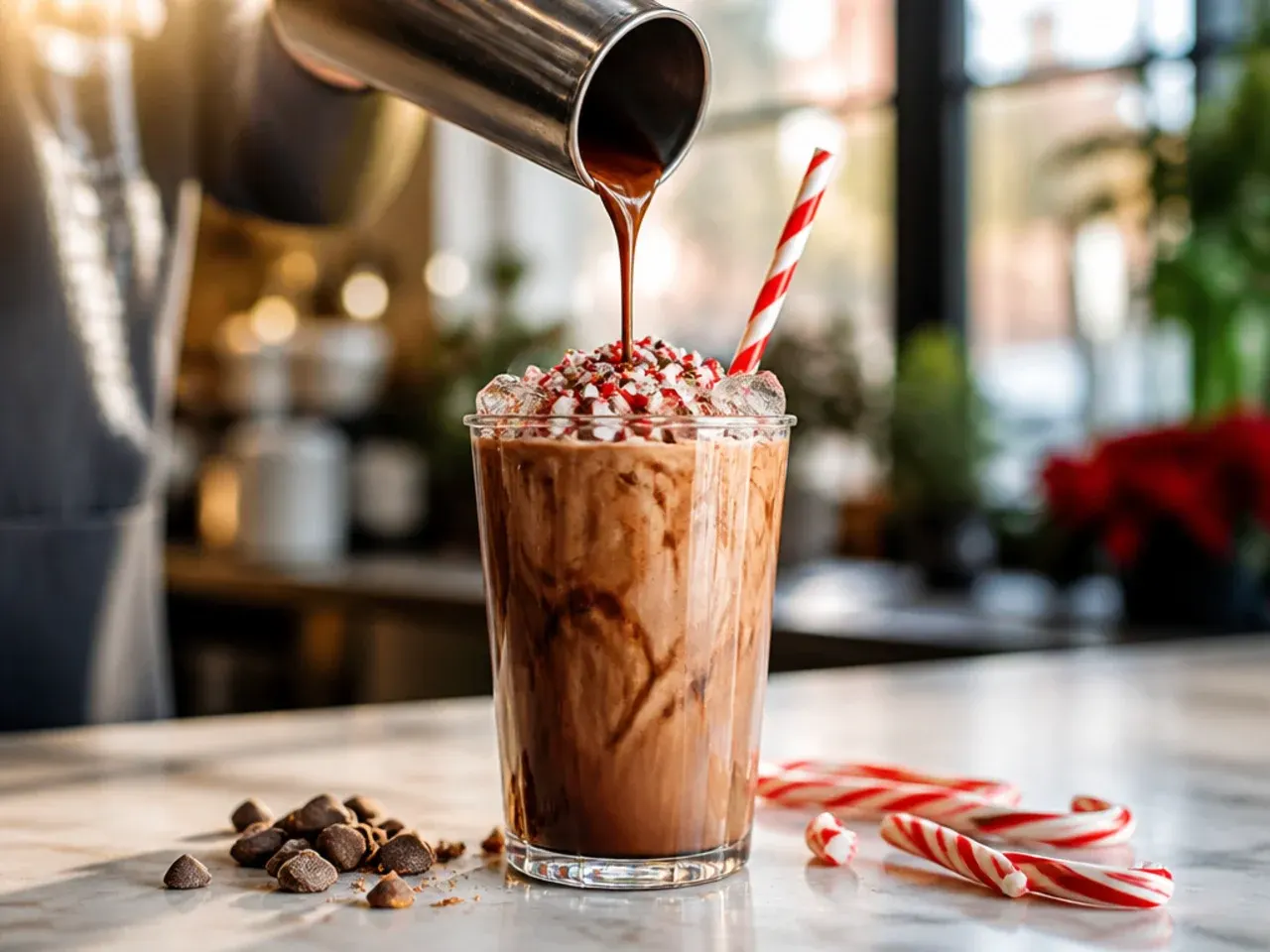 Festive peppermint mocha topped with whipped cream and crushed candy cane