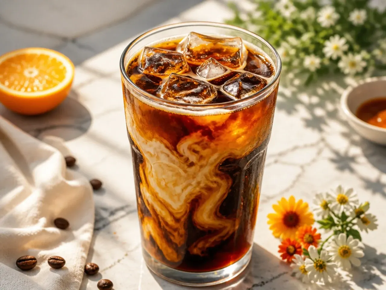 Bold cold brew concentrate poured over ice in a glass