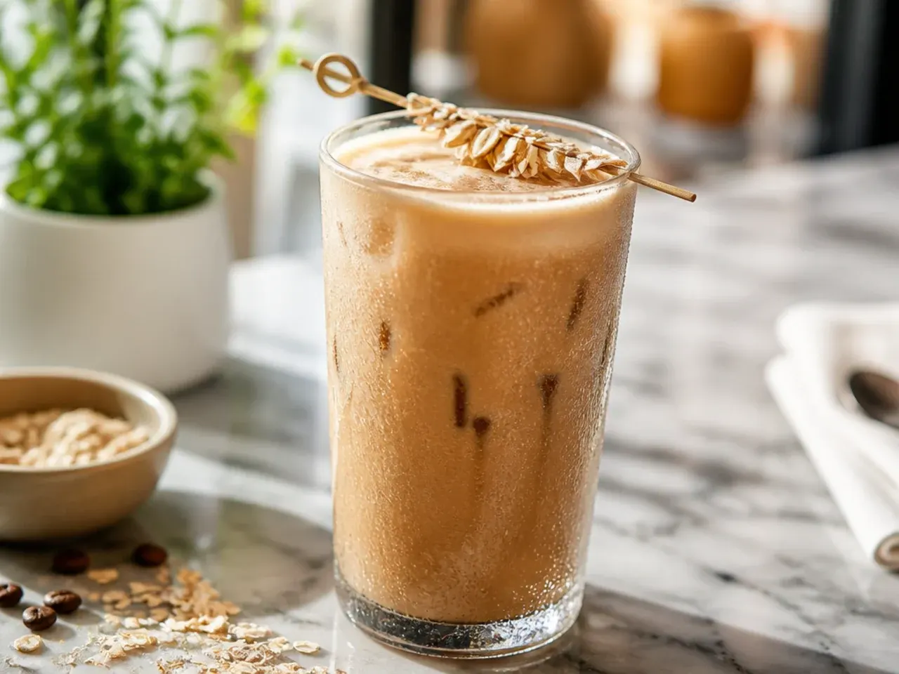 Smooth oat milk latte with latte art foam in a glass mug