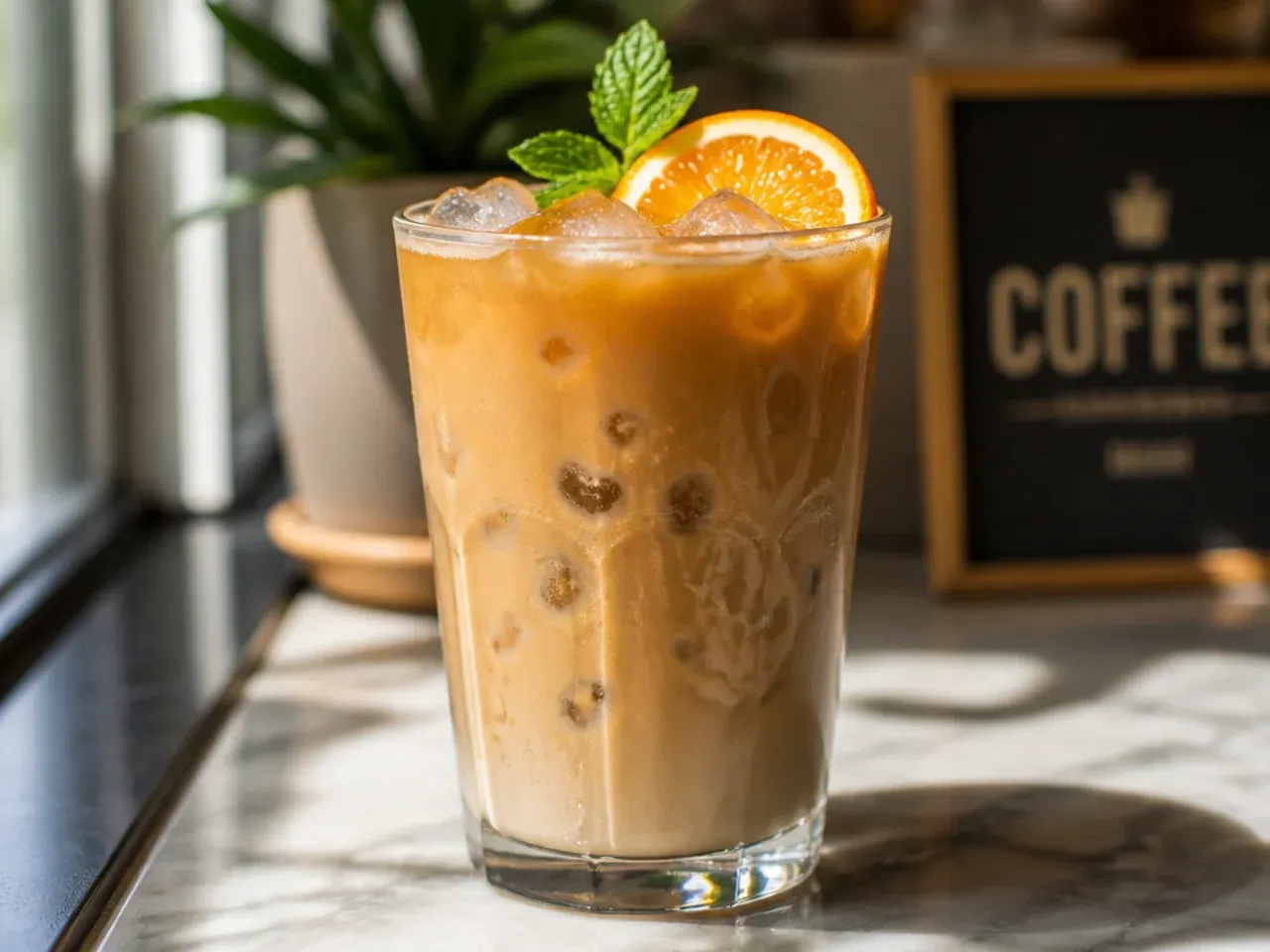 Iced hazelnut coffee topped with crushed toasted hazelnuts