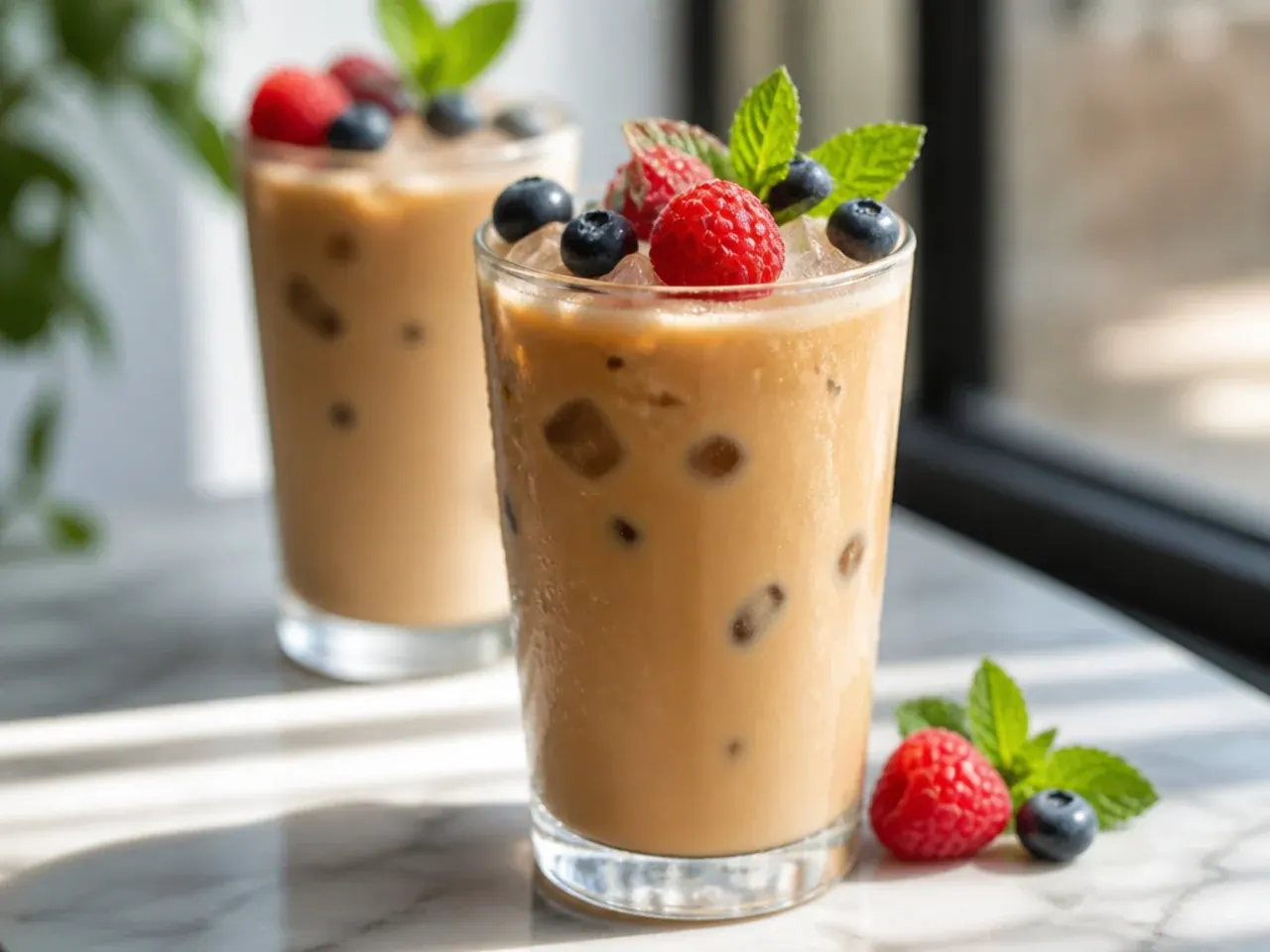 Copycat Dunkalatte drink combining espresso and coffee in a tall glass