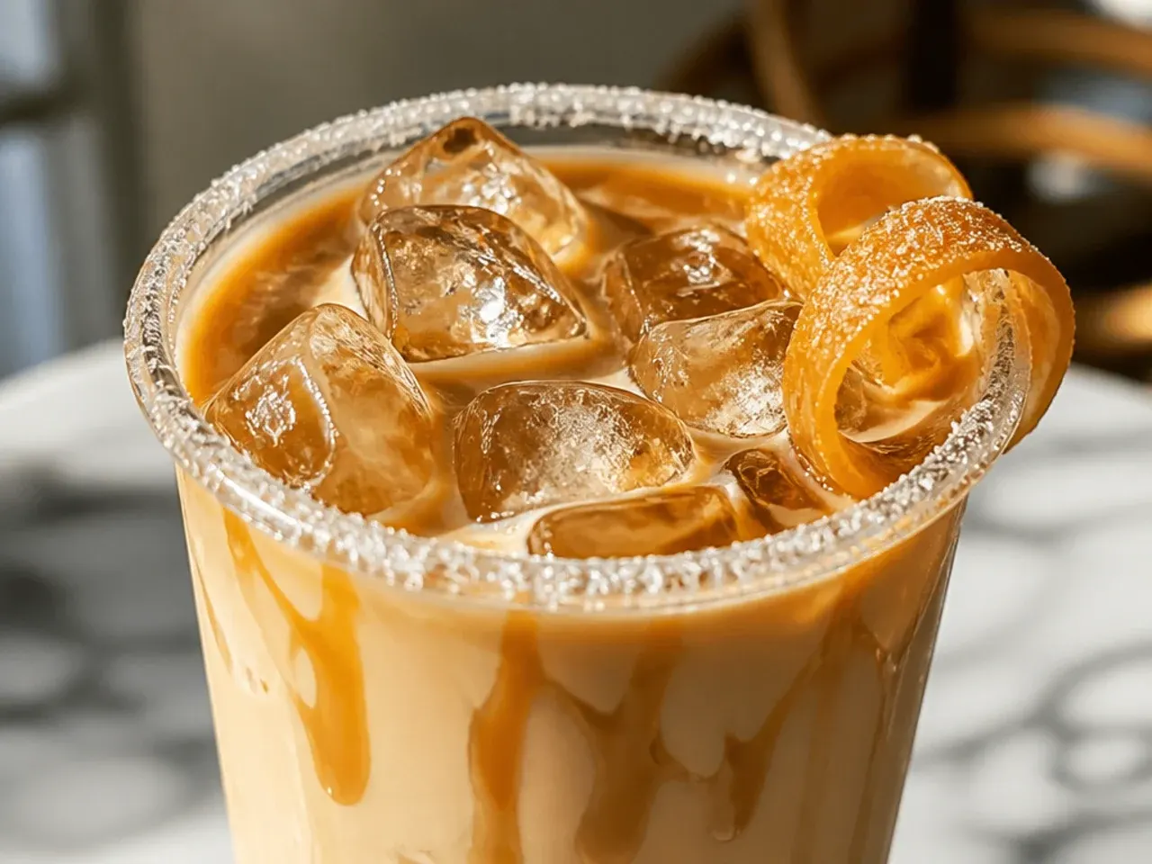 Creamy salted caramel latte with caramel crosshatch drizzle on foam
