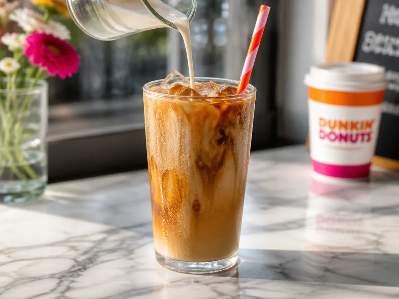 Refreshing iced toasted almond coffee garnished with sliced almonds