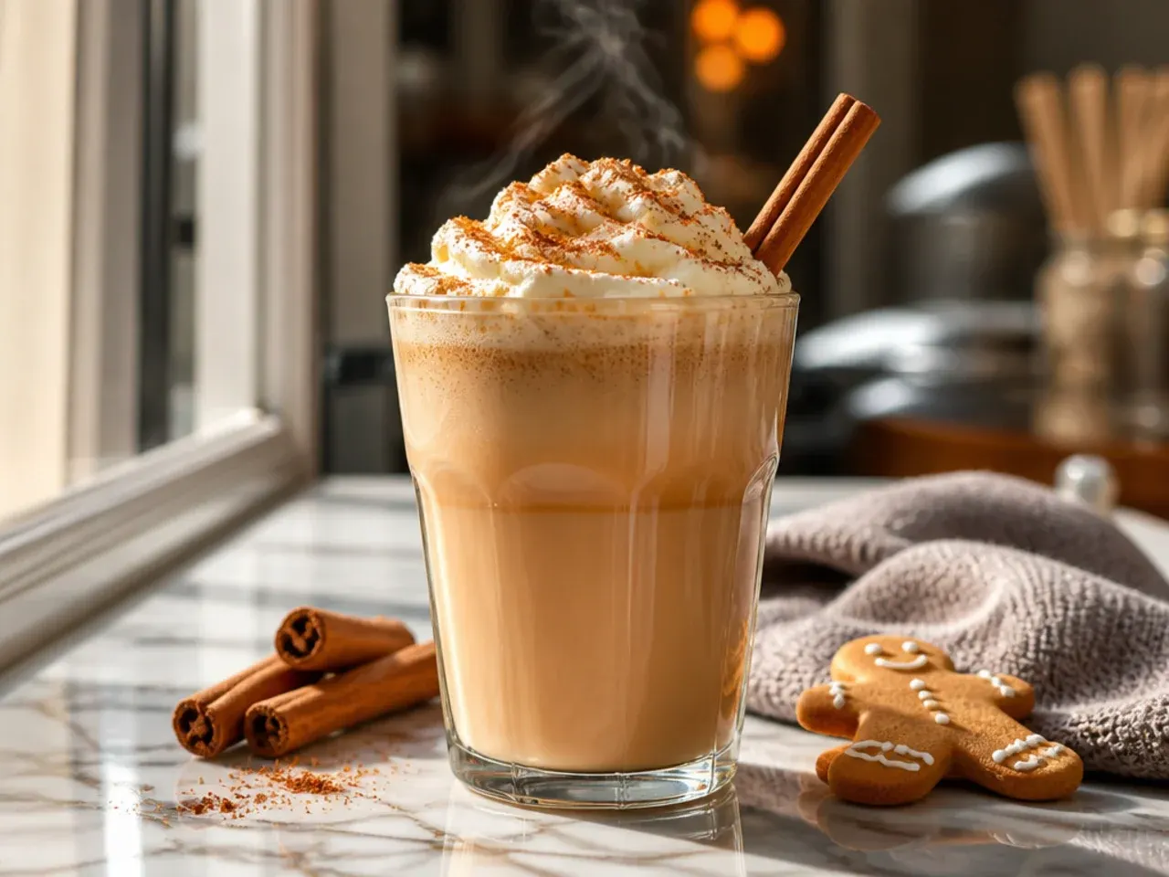Cozy gingerbread latte with cinnamon dusted whipped cream
