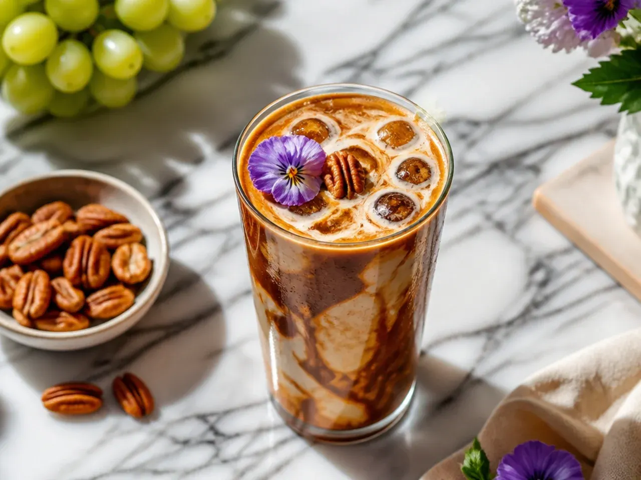 Sweet butter pecan swirl coffee topped with chopped toasted pecans