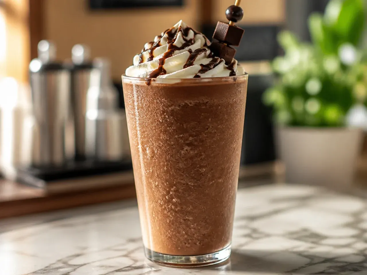 Frozen mocha coolatta topped with whipped cream and chocolate drizzle