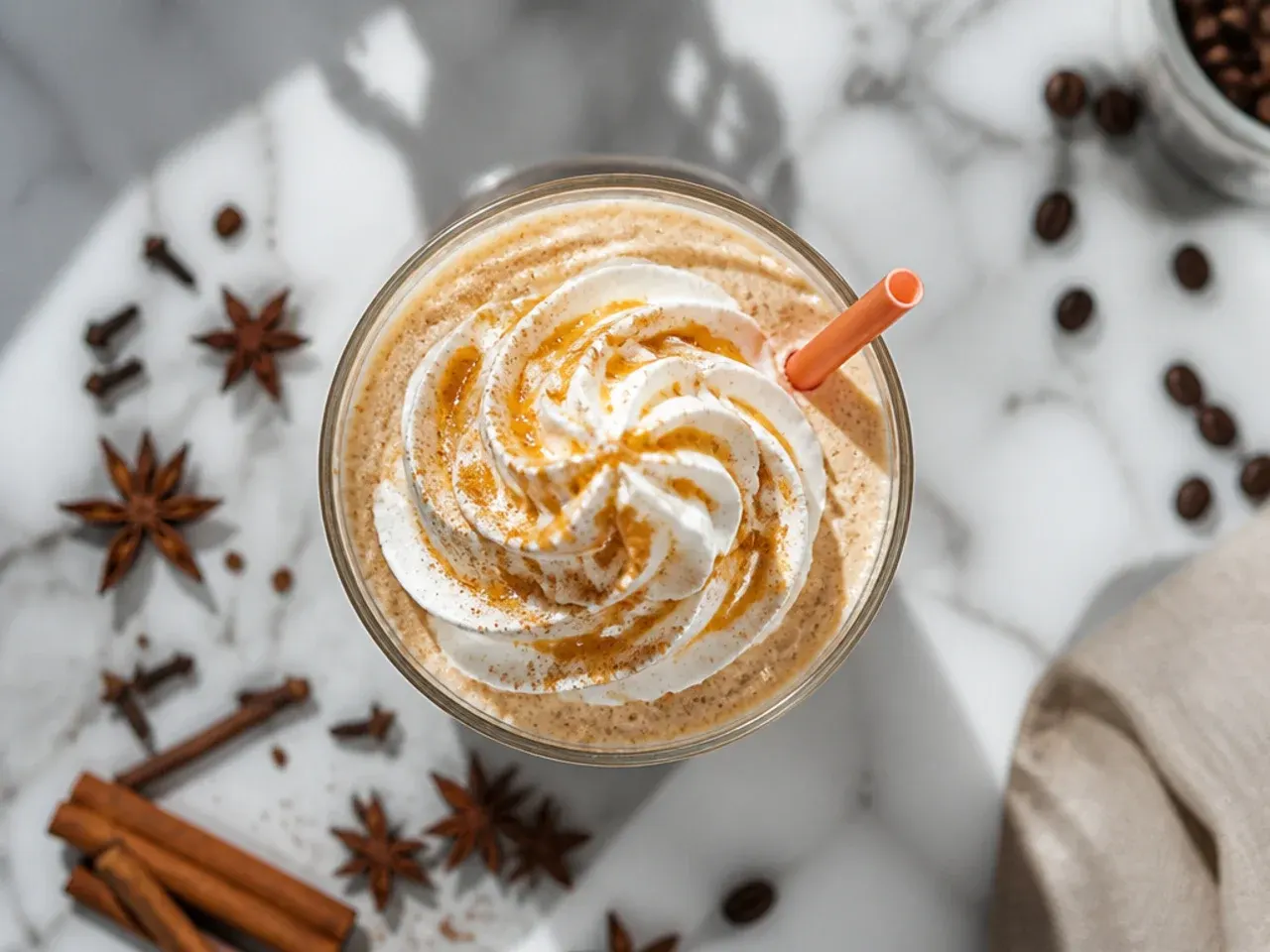 Blended vanilla chai frozen coffee dusted with cinnamon in a glass