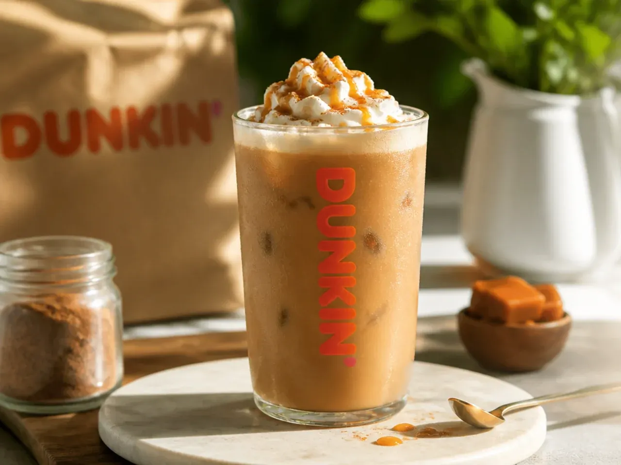 Copycat Dunkin coffee drinks served in glassware with whipped cream and caramel drizzle garnish