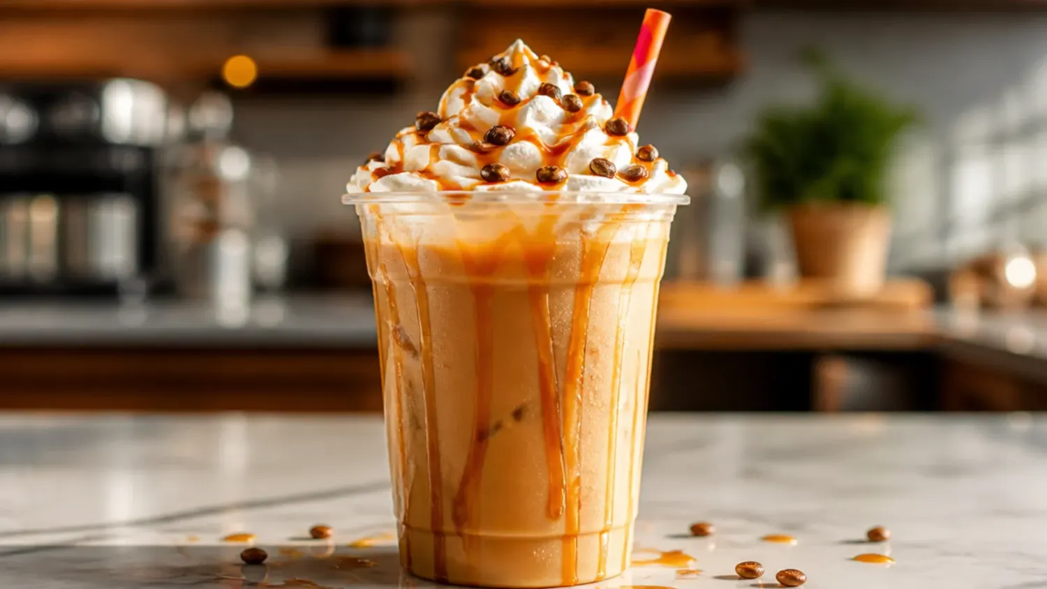 A row of iced and frozen copycat Dunkin Donuts drinks in glasses on a wooden counter, garnished with caramel drizzle and whipped cream