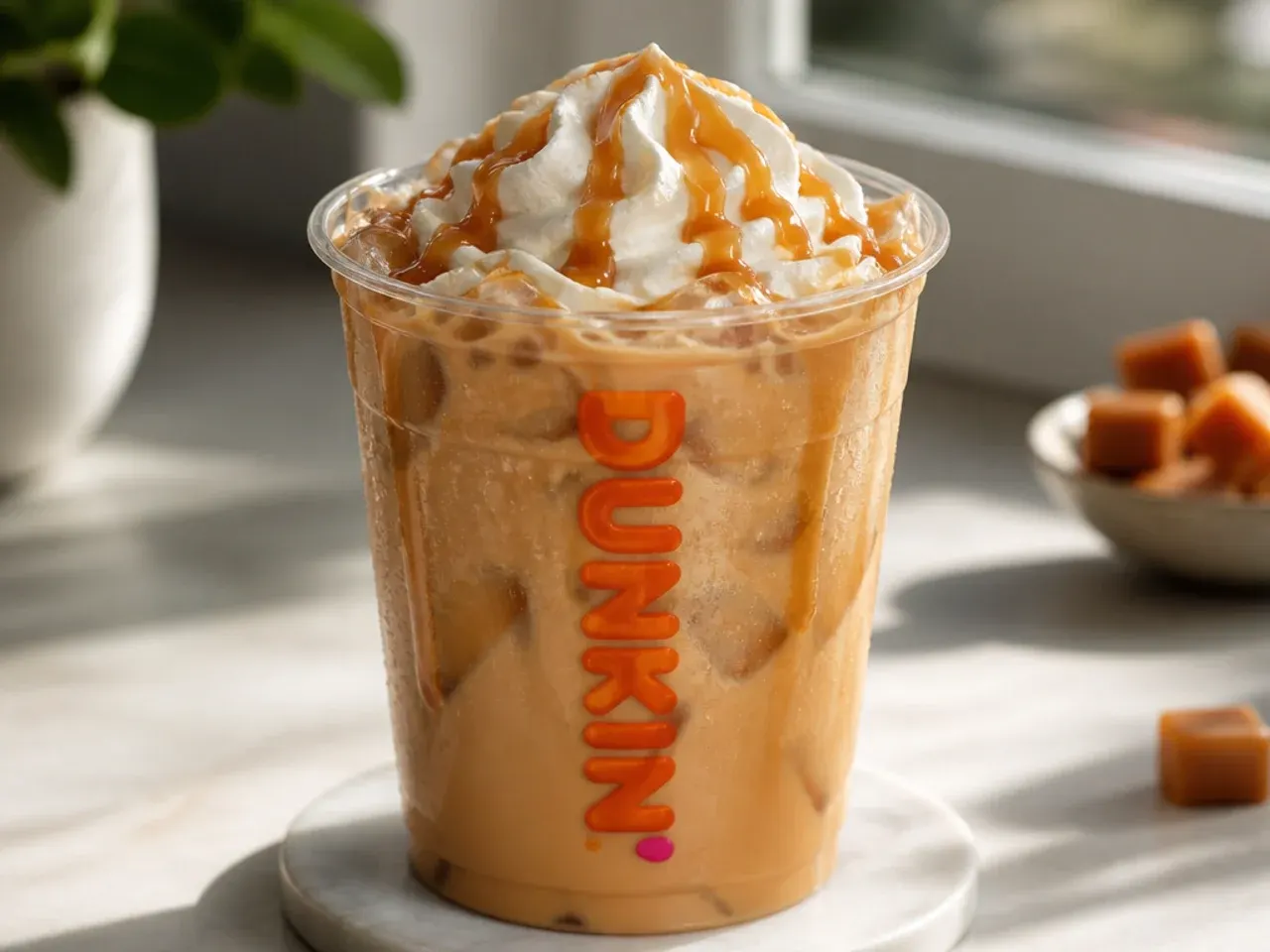 Overhead shot of several homemade copycat Dunkin Donuts drinks arranged on a counter with coffee beans scattered around