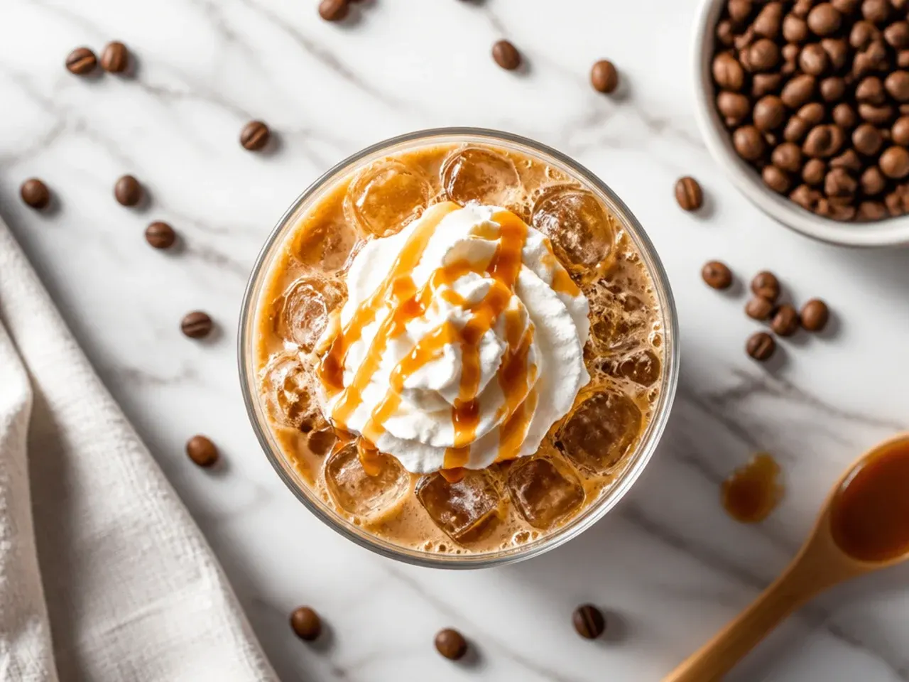 Tall glass of iced coffee with cream swirling through it over ice cubes