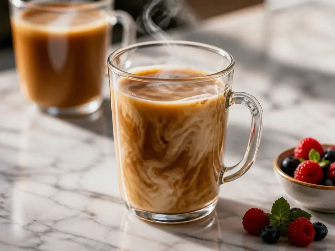Steaming mug of classic coffee with cream being poured in