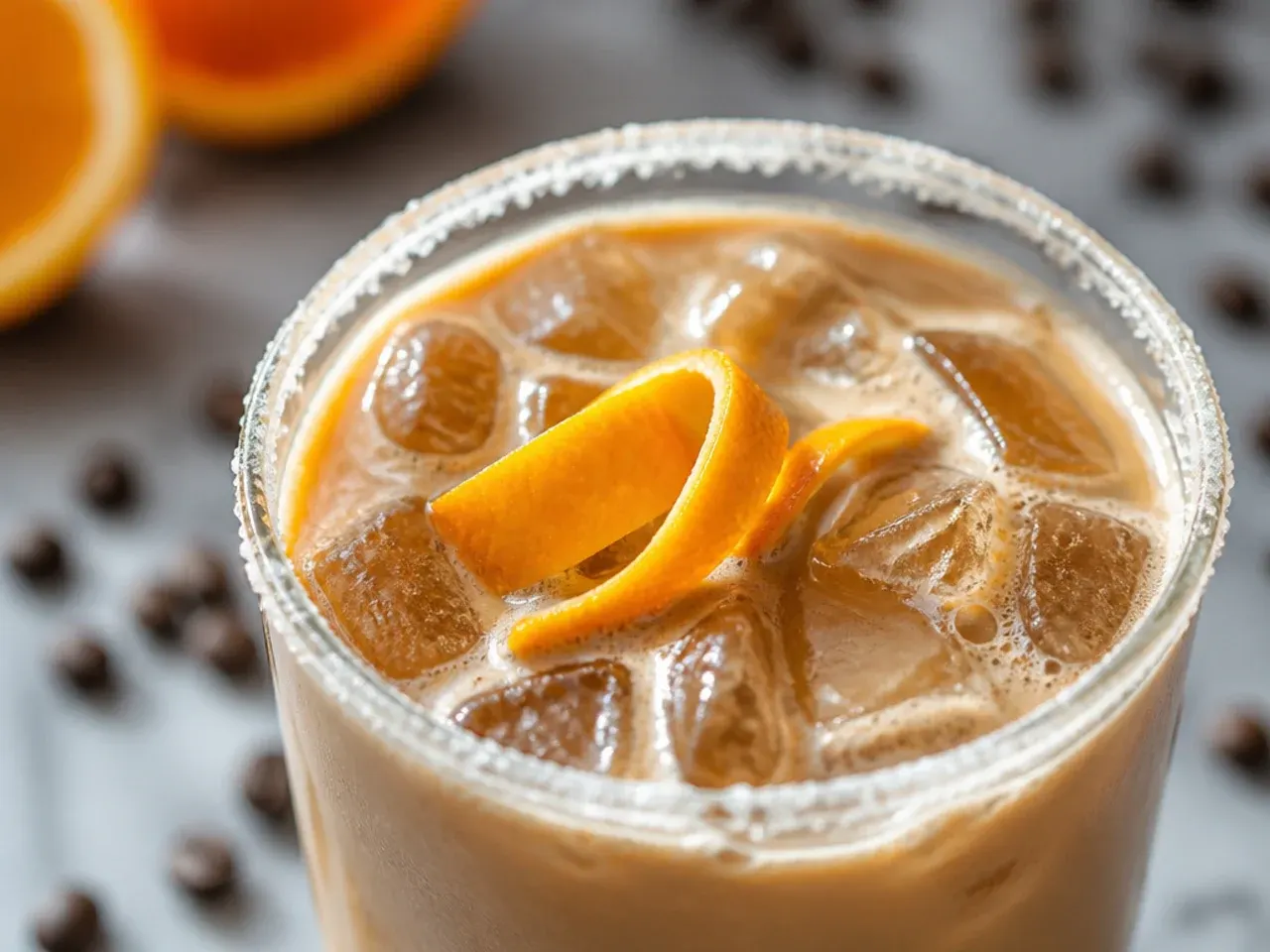 Iced Dunkalatte in a clear cup showing layered coffee and milk before stirring